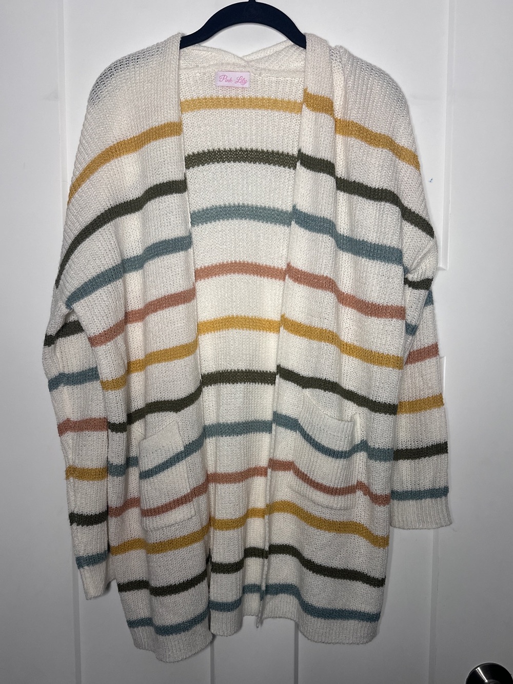 Pink Lily Cream Open-Front Pocket Cardigan with Multicolor Stripes
